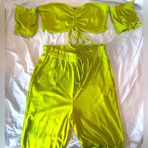 2 piece off the shoulder shirt with matching wide leg pants